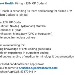 E/M OP Coding Jobs 2026 – Chirok Health Hiring Certified Coders (CPC) – Noida, Hyderabad, Mumbai – 1+ Year Exp – Immediate Joiners