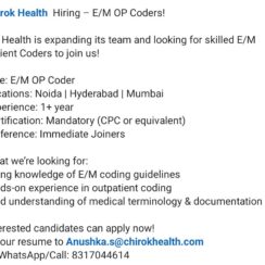 Urgent Hiring: E/M Outpatient Coders (CPC Certified) – Noida, Hyderabad, Mumbai – 1+ Year Experience – Immediate Joining – Chirok Health