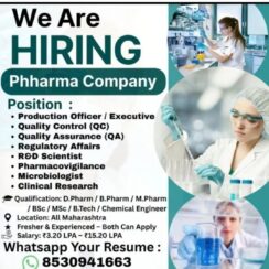 Pharma Hiring 2026 | Production, QA, QC, RA, R&D, Pharmacovigilance | Fresher & Experienced | ₹3.20–15.20 LPA | All Maharashtra
