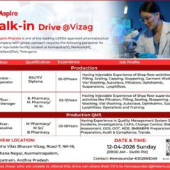 Aspiro Pharma Walk-in Drive Vizag 2026 | Injectable Production Jobs | 12th April