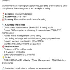 EHS Job Opening – Executive / Sr. Executive | Graviti Pharma | Hyderabad