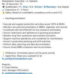 Hiring in Manufacturing (API) | Executive & Jr. Operator | 10 Vacancies | 0–2 Years Exp | B.Sc, B.Com, B.Pharmacy, ITI | Hyderabad – Virchow Biotech