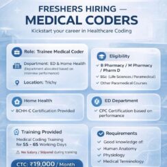 Trainee Medical Coding Freshers Hiring Trichy – Omega Healthcare (B.Pharm, B.Sc Life Sciences) Trainee Medical Coding Freshers Hiring Trichy – Omega Healthcare (B.Pharm, B.Sc Life Sciences)