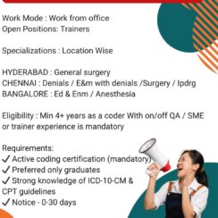 Medical Coding Trainer Jobs – Hiring in Hyderabad, Chennai, Bangalore (Work from Office) Medical Coding Trainer Jobs – Hiring in Hyderabad, Chennai, Bangalore (Work from Office)