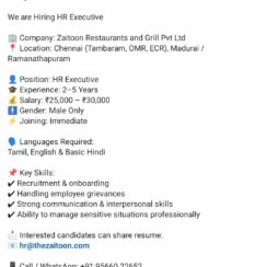 HR Executive Job in Chennai & Madurai | Zaitoon Restaurants | ₹25k–₹30k | Hiring Now