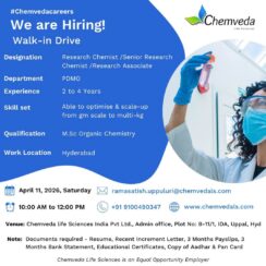 Chemveda Life Sciences Walk-in Drive 2026 – Research Chemist Jobs Hyderabad | M.Sc Organic Chemistry