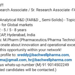 Research Associate – FAR&D (Topical Formulations) | Bachwell Pharma Hyderabad | M.Pharm – 2 to 8 yrs