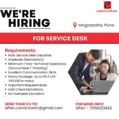 Service Desk Executive Job – ₹5.5 LPA, Hiring Graduate with 1+ Year Experience | Conviction HR