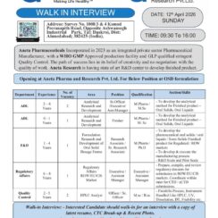 Walk-In Interview @ Aneta Pharma | OSD Formulation Jobs (ADL, F&D, QA, QC) | Ahmedabad – 12 April 2026
