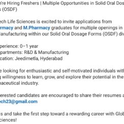 Freshers Jobs in Pharma | B.Pharmacy & M.Pharmacy | Globtech Life Sciences – Hyderabad (OSDF)