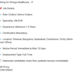 OB/GYN Medical Coder – Omega Healthcare – Chennai, Bangalore, Hyderabad, Coimbatore, Trichy (On-Site) – 1.5+ Yrs Exp – Certification Mandatory