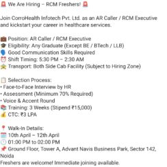 AR Caller / RCM Executive – CorroHealth Noida (Freshers Eligible) – ₹3 LPA + ₹15K Stipend – Walk-In April 10-12