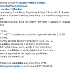 Senior Regulatory Affairs Officer (Veterinary Pharma) – Mumbai – 3–4 Yrs Exp – CTD/eCTD – Up to ₹6 LPA