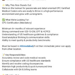 US Healthcare Medical Coder (CPC Certified) – Ahmedabad (Mid Shift) – 6+ Months Exp – ₹10K Bonus – Easy RCM