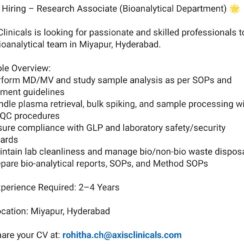 Research Associate (Bioanalytical) – Axis Clinicals (Hyderabad) – 2–4 Yrs Exp – GLP – Miyapur