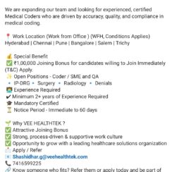 Medical Coder (IP-DRG, Surgery, Radiology, Denials) – Vee Healthtek (Hyderabad, Chennai, Pune, Bangalore, Salem, Trichy) – 2+ Yrs Exp – ₹1 Lakh Joining Bonus