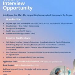 Walk-In Interview – Biocon Malaysia (Johor Bahru) – Engineering, Manufacturing, QA/QC, Supply Chain, IT – April 23-24, 2026