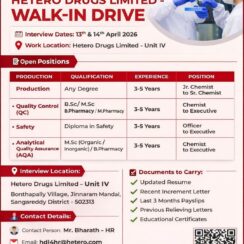 Hetero Walk-In Drive 2026 – Pharma Jobs (Production, QA, QC, Engineering) – Hyderabad / Visakhapatnam