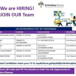 Sri Krishna Pharma Hiring 2026 – Quality Control, Engineering, QA, Production, Packaging – Hyderabad – 0 to 8 Years Exp