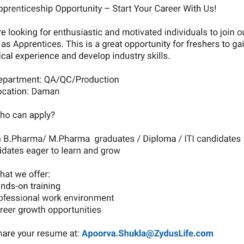 Apprenticeship (QA/QC/Production) – Zydus Daman – B.Pharma, M.Pharma, Diploma, ITI Freshers – Hands-on Training