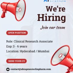 Clinical Research Associate (CRA) – Abiogenesis Clinpharm – Hyderabad / Mumbai – 3–6 Years Exp