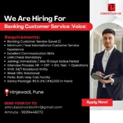 Banking Customer Service (Voice) – Pune (Hinjewadi) – 1+ Yr International Experience – ₹5.5 LPA + Cab – Immediate Joiners