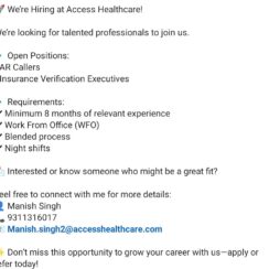 AR Caller & Insurance Verification Executive – Access Healthcare (WFO, Night Shift) – 8+ Months Exp – Apply Now