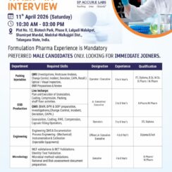 Walk-In Interview – Spaccure Lab (Shamirpet, Hyderabad) – Injectables Packing, OSD Production, Engineering, Microbiology – April 11, 2026 Walk-In Interview – Spaccure Lab (Shamirpet, Hyderabad) – Injectables Packing, OSD Production, Engineering, Microbiology – April 11, 2026
