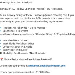 AR Follow-Up (Voice Process) – CorroHealth Noida – 1–5 Yrs Exp (Hospital & Physician Billing) – Virtual Interview AR Follow-Up (Voice Process) – CorroHealth Noida – 1–5 Yrs Exp (Hospital & Physician Billing) – Virtual Interview