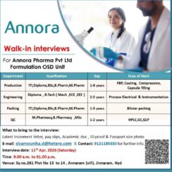 Walk-In Interview – Annora Pharma (Formulation OSD) – Production, Engineering, Packing, QC – Hyderabad – April 11, 2026 Walk-In Interview – Annora Pharma (Formulation OSD) – Production, Engineering, Packing, QC – Hyderabad – April 11, 2026