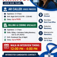 AR Caller & Billing/Coding Specialist – Chennai (WFO, Night Shift) – Up to ₹47K – 1–5 Yrs Exp – Walk-In AR Caller & Billing/Coding Specialist – Chennai (WFO, Night Shift) – Up to ₹47K – 1–5 Yrs Exp – Walk-In