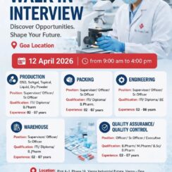 Walk-In Interview – Marksans Pharma Goa (Production, Packing, Engineering, Warehouse, QA/QC) – April 12, 2026 – 2–8 Yrs Exp Walk-In Interview – Marksans Pharma Goa (Production, Packing, Engineering, Warehouse, QA/QC) – April 12, 2026 – 2–8 Yrs Exp