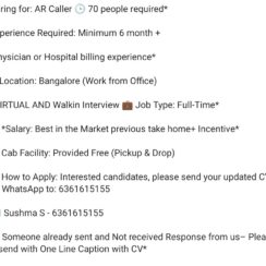 AR Caller (Physician/Hospital Billing) – Bangalore (WFO, Free Cab) – 6+ Months Exp – Virtual & Walk-In Interview AR Caller (Physician/Hospital Billing) – Bangalore (WFO, Free Cab) – 6+ Months Exp – Virtual & Walk-In Interview