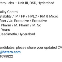 Quality Control (HPLC, Stability, RM & Micro) – Hetero Labs (Jeedimetla, Hyderabad) – 3–5 Yrs Exp – B.Pharm/M.Pharm/M.Sc