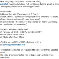 Walk-In Drive – In-House Recruiter, Career Advisor, US Bench Sales – MaximaTek Hyderabad (US Shift, WFO)