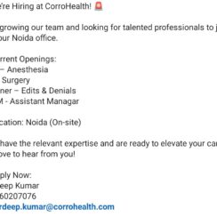 Medical Coding QA (Anesthesia/Surgery), Trainer (Edits & Denials), E&M Assistant Manager – CorroHealth Noida