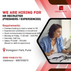 HR Recruiter (Freshers & Experienced) – Pune (Koregaon Park) – ₹15K–₹25K – Mon-Fri + Half Day Saturday