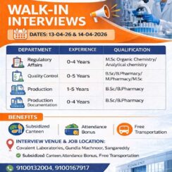Walk-In Interview – Covalent Laboratories (Sangareddy) – Regulatory Affairs, QC, Production – 0–5 Yrs Exp – April 13-14, 2026 Walk-In Interview – Covalent Laboratories (Sangareddy) – Regulatory Affairs, QC, Production – 0–5 Yrs Exp – April 13-14, 2026