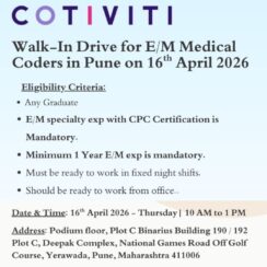 Walk-In Drive – E/M Medical Coder (CPC Mandatory) – Cotiviti Pune – April 16, 2026 – 1+ Yr Exp – Night Shift, WFO Walk-In Drive – E/M Medical Coder (CPC Mandatory) – Cotiviti Pune – April 16, 2026 – 1+ Yr Exp – Night Shift, WFO