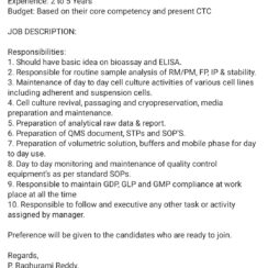 Jr Research Associate / Jr Executive (Bioassay, ELISA, Cell Culture) – Virchow Biotech Hyderabad – 2–5 Yrs Exp – M.Sc / B.Tech Jr Research Associate / Jr Executive (Bioassay, ELISA, Cell Culture) – Virchow Biotech Hyderabad – 2–5 Yrs Exp – M.Sc / B.Tech