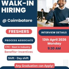 Walk-In Drive – Process Associate (Freshers) – Solvers India Coimbatore – April 13, 2026 – Day Shift – Any Graduate Walk-In Drive – Process Associate (Freshers) – Solvers India Coimbatore – April 13, 2026 – Day Shift – Any Graduate