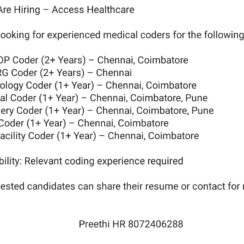 Medical Coder (EM OP, IPDRG, Radiology, Denial, Surgery, IVR, ED Facility) – Access Healthcare (Chennai, Coimbatore, Pune) Medical Coder (EM OP, IPDRG, Radiology, Denial, Surgery, IVR, ED Facility) – Access Healthcare (Chennai, Coimbatore, Pune)