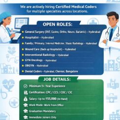 Medical Coder (Multiple Specialties) – Hyderabad, Chennai, Bangalore – 1+ Yr Exp, CPC/CCS/COC/CIC – Up to ₹55K In-Hand Medical Coder (Multiple Specialties) – Hyderabad, Chennai, Bangalore – 1+ Yr Exp, CPC/CCS/COC/CIC – Up to ₹55K In-Hand