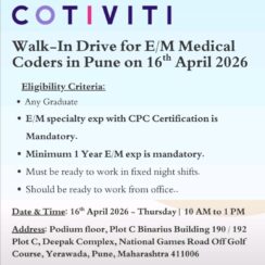 Walk-In Drive – E/M Medical Coder (CPC Mandatory) – Cotiviti Pune – April 16, 2026 – 1+ Year Exp – Night Shift, WFO