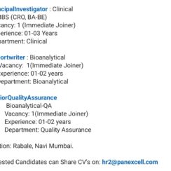 Clinical Principal Investigator (MBBS), Report Writer, Jr. QA – Bioanalytical – Panexcell (Navi Mumbai) – 1–3 Yrs Exp