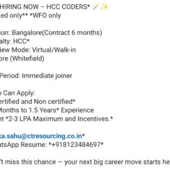 HCC Coder (6-Month Contract) – Bangalore (Whitefield, WFO) – 6 Months to 1.5 Years Exp – ₹2–3 LPA + Incentives