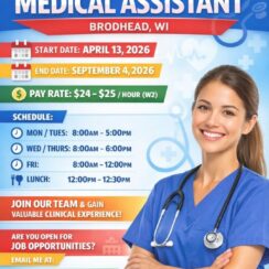 Medical Assistant – Brodhead, WI (Contract) – $24–25/hr – April 13 – Sept 4, 2026 – Clinical Experience