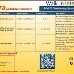 Walk-In – QC, QA (IPQA/APQR), Warehouse – Zenara (Hyderabad) – 0–5 Yrs Exp – B.Pharm/M.Pharm/B.Sc/B.Com – Formulation Background
