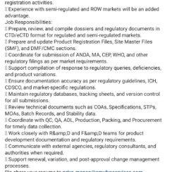 Regulatory Affairs Executive / Officer – Ahmedabad (OSD Formulations) – CTD/eCTD, Variations, Registrations – B.Pharm / M.Pharm / M.Sc