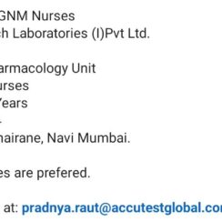 GNM Nurse – Clinical Pharmacology Unit – Accutest Research (Navi Mumbai) – 4–5 Years Exp – Immediate Joiner